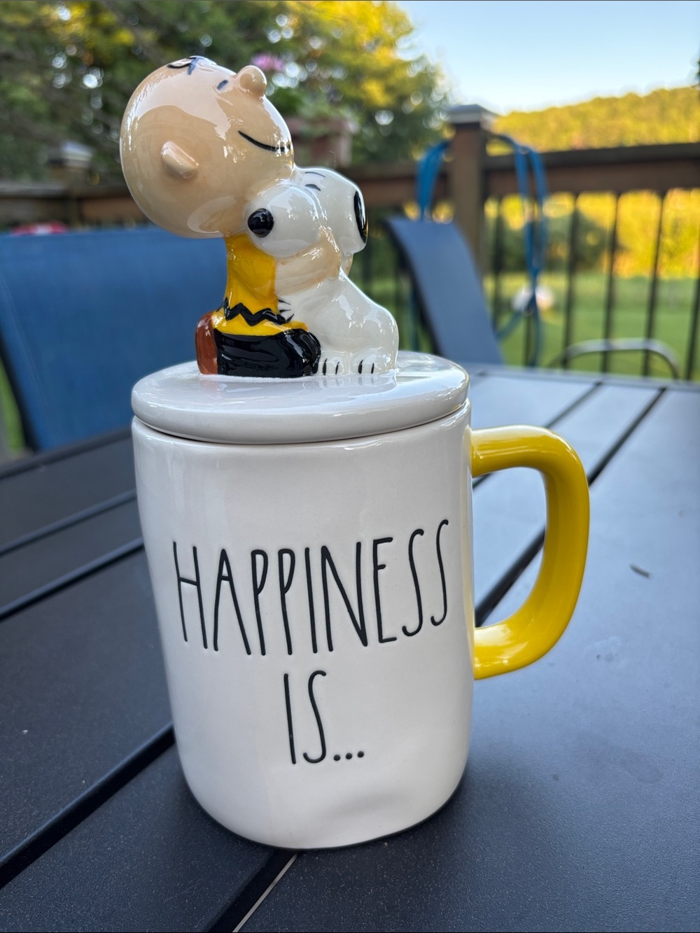 Rae Dunn PEANUTS Happiness is a warm hug mug with lid